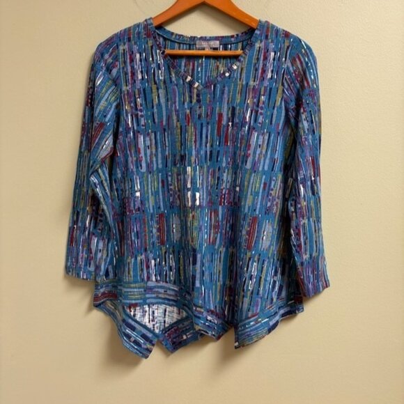 Habitat Clothes to Live In Womens Lagenlook Asymmetric Top Size XS Geometric Art - Picture 1 of 10